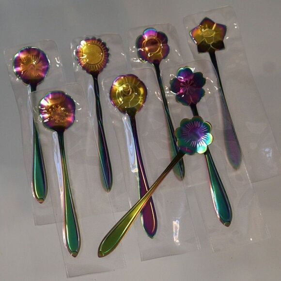 Flower Spoon Set Rainbow Color Stainless Steel Tableware Creative Coffee Spoons - Picture 1 of 10
